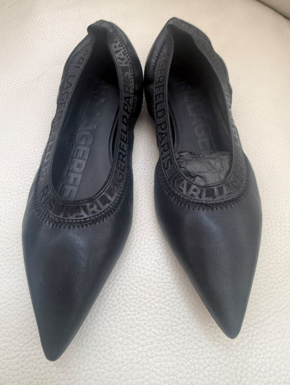 Karl Lagerfeld Black Pointed Leather Ballet Flats - Picture 3 of 5